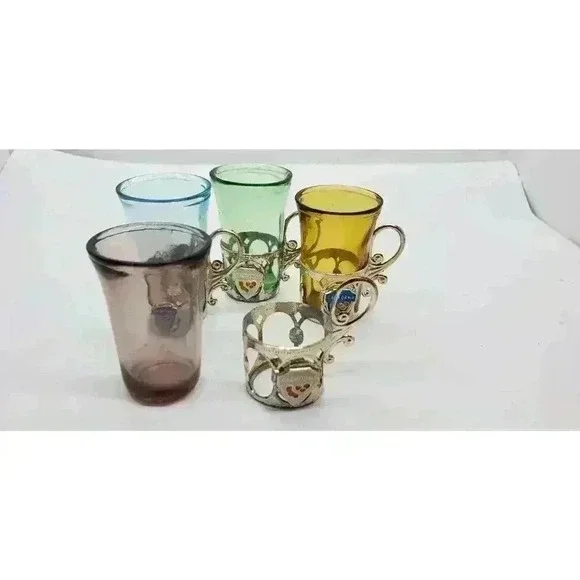 Vintage California Souvenir Shot Glasses Silver Handled Holders Set Of 4 1950s - Picture 7 of 14